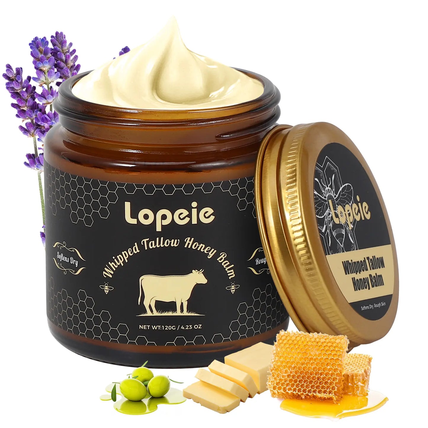 Lopeie Whipped Grass-Fed Beef Tallow Honey Balm - 4 Oz,Moisturizing Cream for Soft, Smooth Skin - Handmade All-Natural Moisturizer - Lavender,Hydrating, Comfort, Moisture Boost Cream, Luminous Firming Cream, Body Care, Hydrating Dry Skin